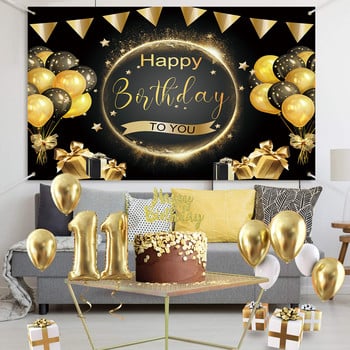 Happy Birthday Backdrop Banner Μεγάλο μαύρο χρυσό μπαλόνι με αστέρι αφίσα Booth Φόντο γενεθλίων φωτογραφία φόντο Διακόσμηση πάρτι τοίχου