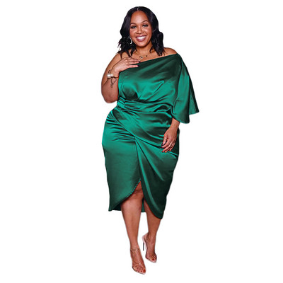 ZJFZML ZZ Liela izmēra kleitas Sieviešu vairumtirdzniecība Eleganta viena pleca puspiedurkne, drapēta priekšpusē, šķēlums, satīna ballīšu kleita, Dropshipping