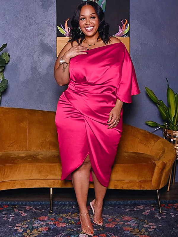 ZJFZML ZZ Liela izmēra kleitas Sieviešu vairumtirdzniecība Eleganta viena pleca puspiedurkne, drapēta priekšpusē, šķēlums, satīna ballīšu kleita, Dropshipping