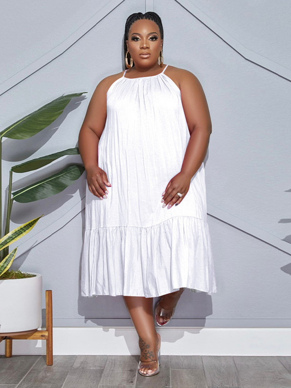 ZJFZML ZZ Liela izmēra kleitas Sieviešu apģērbs 2022. gada spageti siksniņa bez piedurknēm, vaļīga kroku kleita ikru vidusdaļā, ērta Vestidos