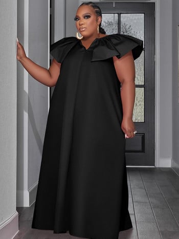 ZJFZML ZZ Plus Size Deep V λαιμόκοψη Φόρεμα με κοντό μανίκι στο πάτωμα, γυναικείο μονόχρωμο, φαρδύ φόρεμα