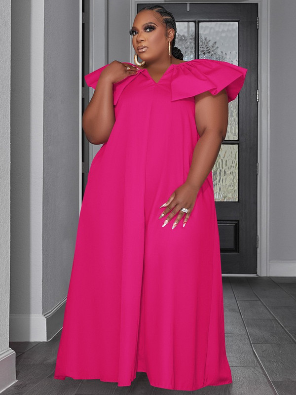 ZJFZML ZZ Liela izmēra, dziļi V kakla izgriezuma tauriņš ar īsām piedurknēm kleitas līdz grīdai vasaras sieviešu vienkrāsains, brīvi pieguļošs viengabala kleita