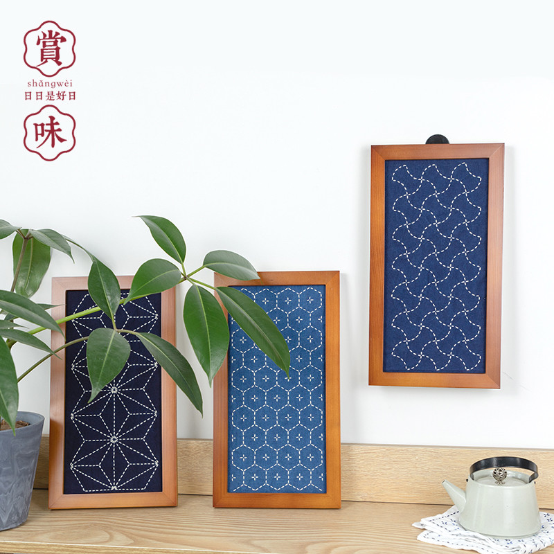 Iš anksto atspausdintas „Sashiko“ audinys su trimis klasikiniais raštais „Sashiko Sampler“ namų dekoravimas