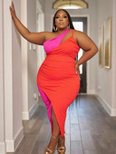 ZJFZML ZZ Liela izmēra sieviešu apģērbs Krāsains bloks ar vienu plecu, kamzols šaura kleita Seksīga priekšpusē ar augstu šķelšanos ballīšu kleita