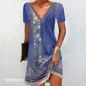 Etnikai mintás ruha Vintage női virágok alkalmi mini ruha nagy méretű, 6XL, rövid ujjú, V-nyakú, bő nyári ruha 2023-as új Vestidos