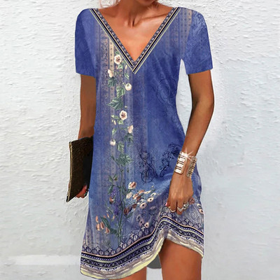 Etnikai mintás ruha Vintage női virágok alkalmi mini ruha nagy méretű, 6XL, rövid ujjú, V-nyakú, bő nyári ruha 2023-as új Vestidos