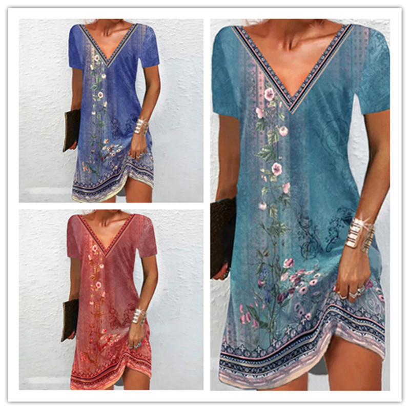 Etnikai mintás ruha Vintage női virágok alkalmi mini ruha nagy méretű, 6XL, rövid ujjú, V-nyakú, bő nyári ruha 2023-as új Vestidos