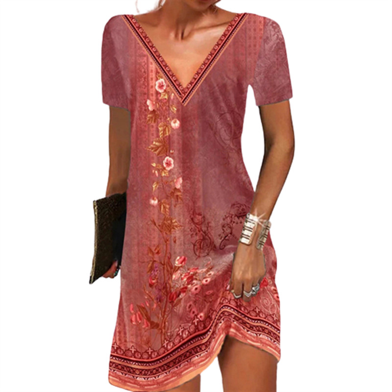 Etnikai mintás ruha Vintage női virágok alkalmi mini ruha nagy méretű, 6XL, rövid ujjú, V-nyakú, bő nyári ruha 2023-as új Vestidos
