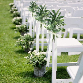 Διακοσμήσεις καρέκλας διαδρόμου γάμου Πάγκος εκκλησίας Pew Φιόγκοι για το πάρτι τελετής Λευκό μωρό ανάσα Ευκάλυπτος Φύλλα ελιάς Λουλούδια