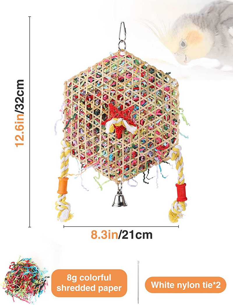 Papagáj harapás játékok Hegymászó táplálékkereső madárrágójáték Színes papír aprító bambusz szőtt szerelmesmadaraknak, kaktáknak, törpepapagájoknak