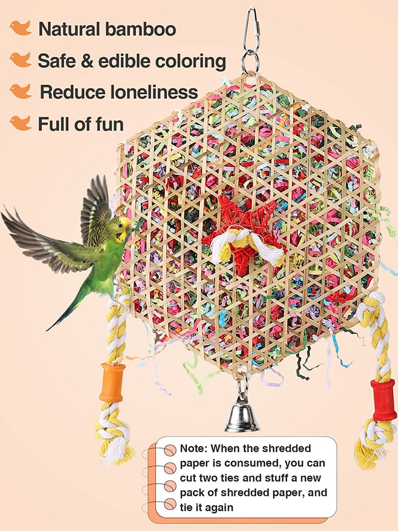 Papagáj harapás játékok Hegymászó táplálékkereső madárrágójáték Színes papír aprító bambusz szőtt szerelmesmadaraknak, kaktáknak, törpepapagájoknak