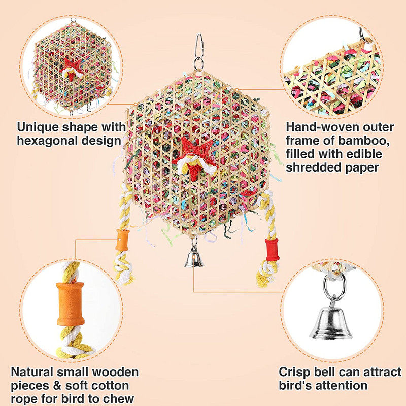 Papagáj harapás játékok Hegymászó táplálékkereső madárrágójáték Színes papír aprító bambusz szőtt szerelmesmadaraknak, kaktáknak, törpepapagájoknak