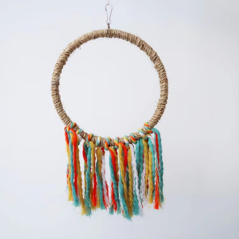 Mājdzīvnieku putnu papagaiļa rotaļlieta kokvilnas virves apļa rotaļlietas košļājamā koduma papagailis asaris karājās būrī Šūpoles virves gredzenu statīvs kāpšanai rotaļlieta putnam.