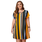 Liela izmēra sieviešu kleita ar krāsu svītru apdruku ikdienas kleita vasaras īsām piedurknēm ar V-veida kakla izgriezumu A-līnijas mini kleita 4XL 5XL pludmales ballīšu kleitas