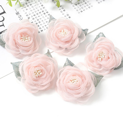 5Gb Šifona rožu mākslīgie ziedi dzijas auduma ziedi galvassegu kleitu kāzu pušķu dekoram amatniecības dzijas ziedu aksesuāri