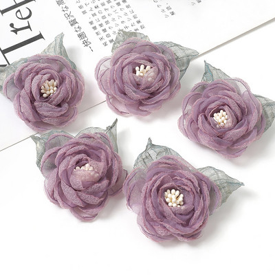 5Gb Šifona rožu mākslīgie ziedi dzijas auduma ziedi galvassegu kleitu kāzu pušķu dekoram amatniecības dzijas ziedu aksesuāri