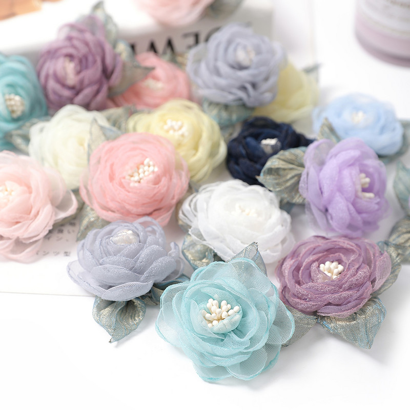 5Gb Šifona rožu mākslīgie ziedi dzijas auduma ziedi galvassegu kleitu kāzu pušķu dekoram amatniecības dzijas ziedu aksesuāri