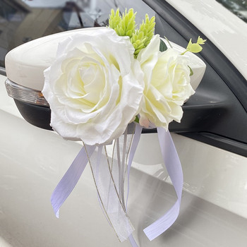Νέο δημιουργικό ντεκόρ γαμήλιου αυτοκινήτου Λαβές πόρτας με λουλούδια Καθρέφτης οπισθοπορείας Διακοσμούν τεχνητά λουλούδια αξεσουάρ γάμου