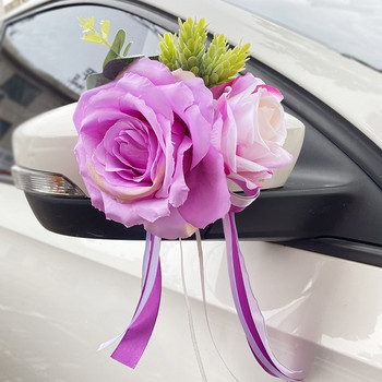 Νέο δημιουργικό ντεκόρ γαμήλιου αυτοκινήτου Λαβές πόρτας με λουλούδια Καθρέφτης οπισθοπορείας Διακοσμούν τεχνητά λουλούδια αξεσουάρ γάμου
