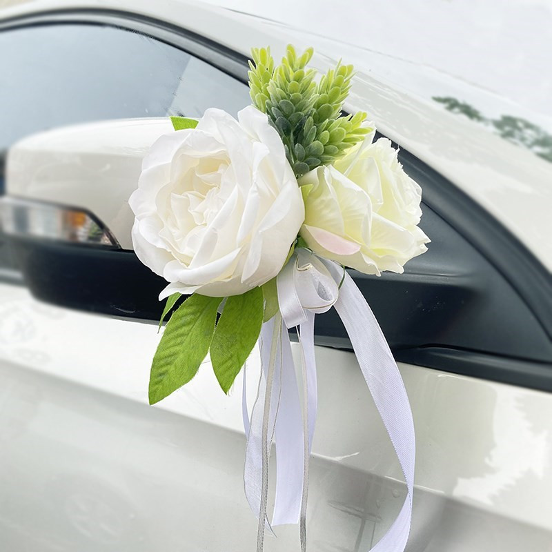 Νέο δημιουργικό ντεκόρ γαμήλιου αυτοκινήτου Λαβές πόρτας με λουλούδια Καθρέφτης οπισθοπορείας Διακοσμούν τεχνητά λουλούδια αξεσουάρ γάμου