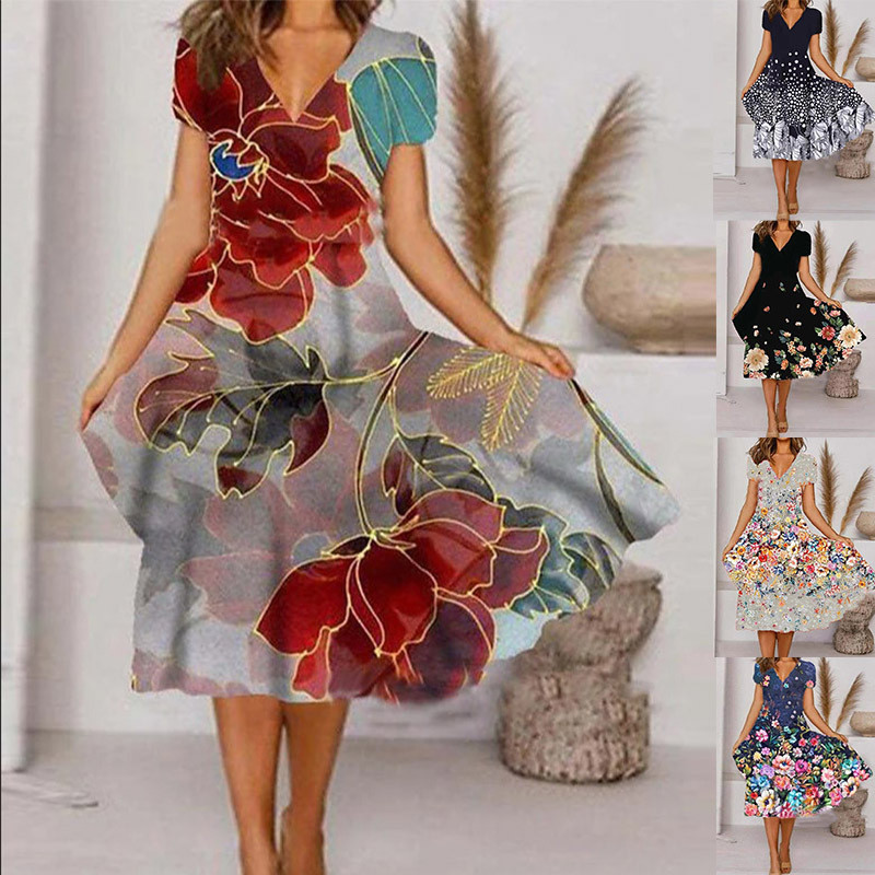 Női nyári rövid ujjú O-nyakú, alkalmi A-vonalas ruha Vintage virágos laza ünnepi parti Midi ruhák Túlméretes 4XL Lady Vestidos