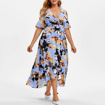 Μεγάλο γυναικείο φόρεμα Boho Floral Casual Φαρδύ φόρεμα σε γραμμή Α με κοντό μανίκι Επίδεσμος με λαιμόκοψη ακανόνιστο Κομψό γυναικείο φόρεμα Vestido