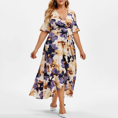 Μεγάλο γυναικείο φόρεμα Boho Floral Casual Φαρδύ φόρεμα σε γραμμή Α με κοντό μανίκι Επίδεσμος με λαιμόκοψη ακανόνιστο Κομψό γυναικείο φόρεμα Vestido