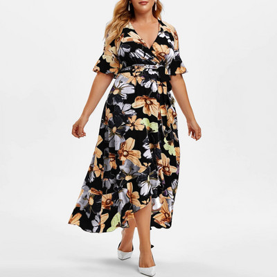 Μεγάλο γυναικείο φόρεμα Boho Floral Casual Φαρδύ φόρεμα σε γραμμή Α με κοντό μανίκι Επίδεσμος με λαιμόκοψη ακανόνιστο Κομψό γυναικείο φόρεμα Vestido