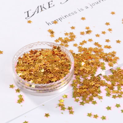 10 g/iepakojumā gaiši zelta nagu vizuļi 3 mm 4 mm zvaigznes formas vizuļi Pailletes nagu skaistumam, sieviešu manikīram, kāzu dekorēšanas konfeti