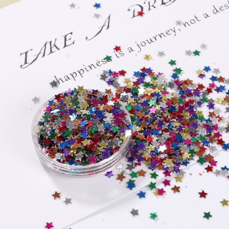 10 g/iepakojumā gaiši zelta nagu vizuļi 3 mm 4 mm zvaigznes formas vizuļi Pailletes nagu skaistumam, sieviešu manikīram, kāzu dekorēšanas konfeti
