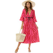 Pavasara vasara dāmas pludmales brīvdienu stila kleita Seksīga V veida kakla jostasvietas siksnas A-līnijas kleita 2023. gada jauna leoparda svītru apdrukas kleita Vestidos