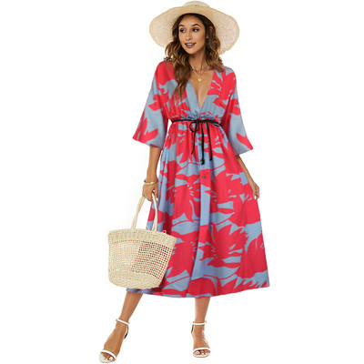 Pavasara vasara dāmas pludmales brīvdienu stila kleita Seksīga V veida kakla jostasvietas siksnas A-līnijas kleita 2023. gada jauna leoparda svītru apdrukas kleita Vestidos