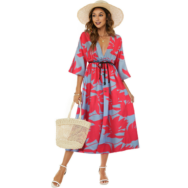 Pavasara vasara dāmas pludmales brīvdienu stila kleita Seksīga V veida kakla jostasvietas siksnas A-līnijas kleita 2023. gada jauna leoparda svītru apdrukas kleita Vestidos