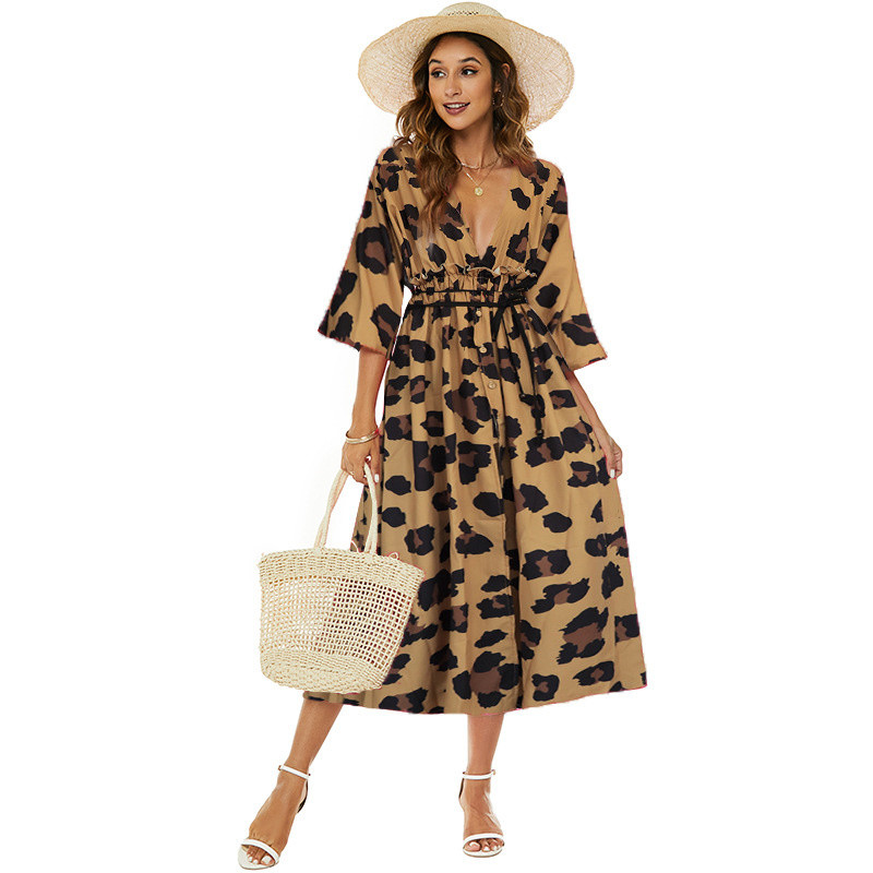 Pavasara vasara dāmas pludmales brīvdienu stila kleita Seksīga V veida kakla jostasvietas siksnas A-līnijas kleita 2023. gada jauna leoparda svītru apdrukas kleita Vestidos