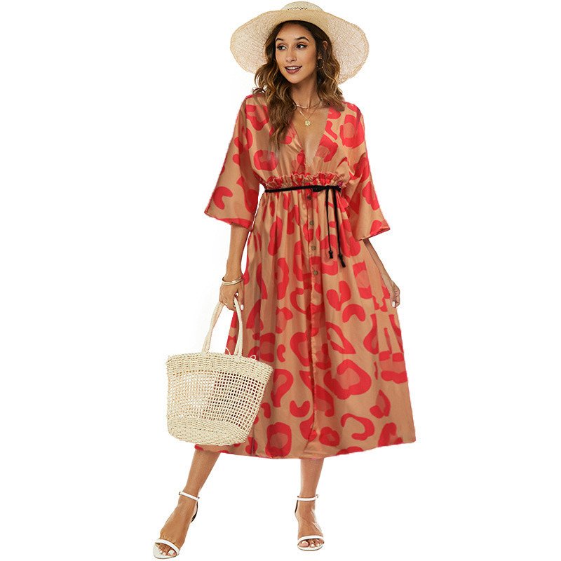 Pavasara vasara dāmas pludmales brīvdienu stila kleita Seksīga V veida kakla jostasvietas siksnas A-līnijas kleita 2023. gada jauna leoparda svītru apdrukas kleita Vestidos