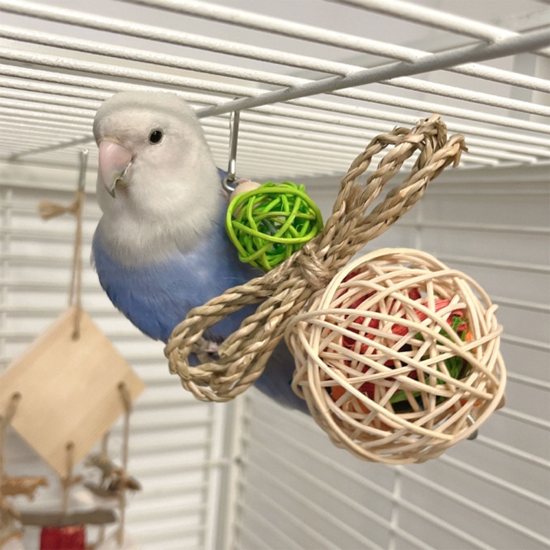 Putnu papagaiļu rotaļlietu būris piekarināmās bumbiņas šūpoles rotaļlieta mājdzīvnieks putns košļājamā koka putnu smalcināšanas rotaļlieta košļājamā barības meklēšanas smalcinātāja rotaļlieta Y5GB