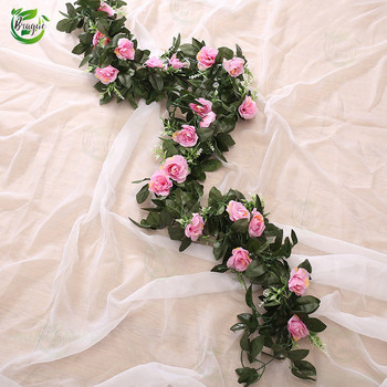 Копринени изкуствени розови лози Висящи цветя за стена Коледни ратанови фалшиви листа от растения Гирлянди Романтична сватбена декорация на дома