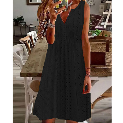 Sieviešu seksīga pludmales kleita ar V veida kakla izgriezumu, 2023. gada jauna, izliekta žakarda vienkrāsaina minikleita Vasaras, brīva A-līnijas kleita bez piedurknēm