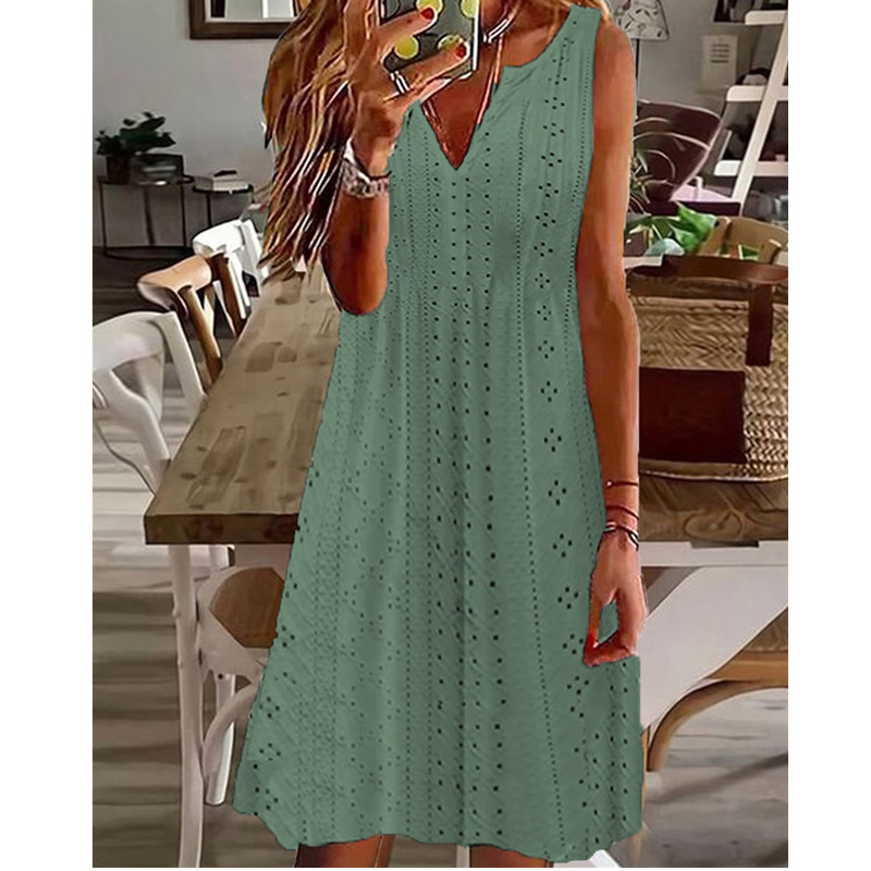 Sieviešu seksīga pludmales kleita ar V veida kakla izgriezumu, 2023. gada jauna, izliekta žakarda vienkrāsaina minikleita Vasaras, brīva A-līnijas kleita bez piedurknēm