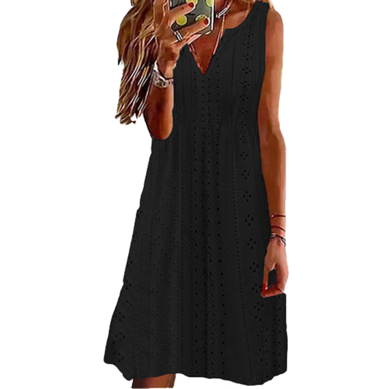 Sieviešu seksīga pludmales kleita ar V veida kakla izgriezumu, 2023. gada jauna, izliekta žakarda vienkrāsaina minikleita Vasaras, brīva A-līnijas kleita bez piedurknēm