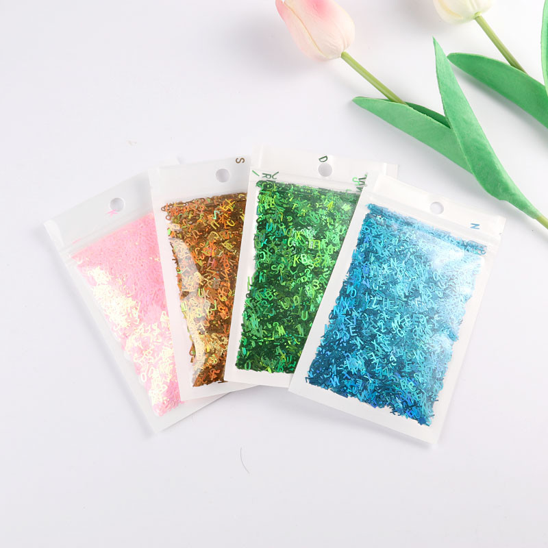 Īpaši plāns 4 mm jauktas burtu formas vizuļi nagu DIY Glitter Paillette lāzers, videi draudzīgs PET sequin Nails mākslas manikīra materiāls 10g