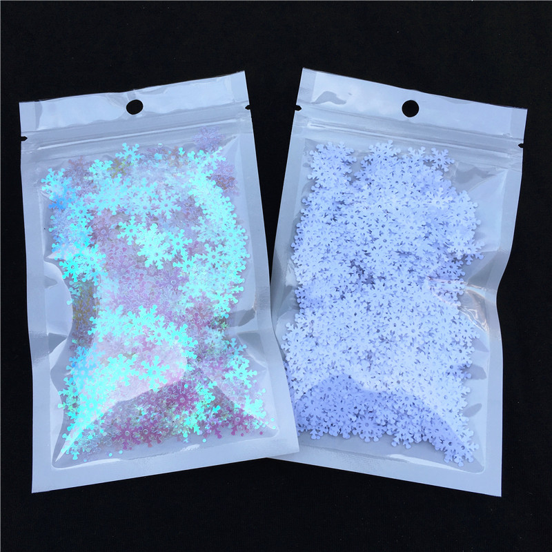 10g/iepakojuma diametrs 8mm 10mm sniegpārsliņu vizuļi ar 1 centra caurumu Ziemassvētku rotājuma materiāls balts sniega vizulis, šūšanas darbs