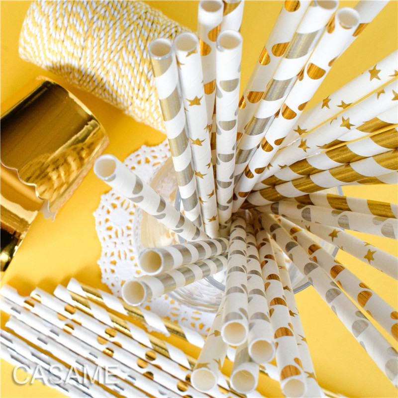 25gab Metāla zelta sirds zvaigzne folijas svītras papīra salmiņi Sudraba ševrons kāzu ballītes dekors