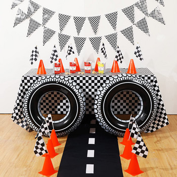 1 σετ 137x274 cm μαύρο άσπρο αγωνιστικό τραπεζομάντιλο μοτοσικλέτας αγωνιστικό αυτοκίνητο με θέμα επιτραπέζιο κάλυμμα φλιτζάνι αγωνιστικό πάρτι γενεθλίων