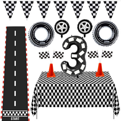 1 komplekt 137x274cm musta valget võidusõidulaudlina mootorratta võidusõiduauto teemaga lauakatte taldriku tassi võidusõidu sünnipäevapeo tarvikuid