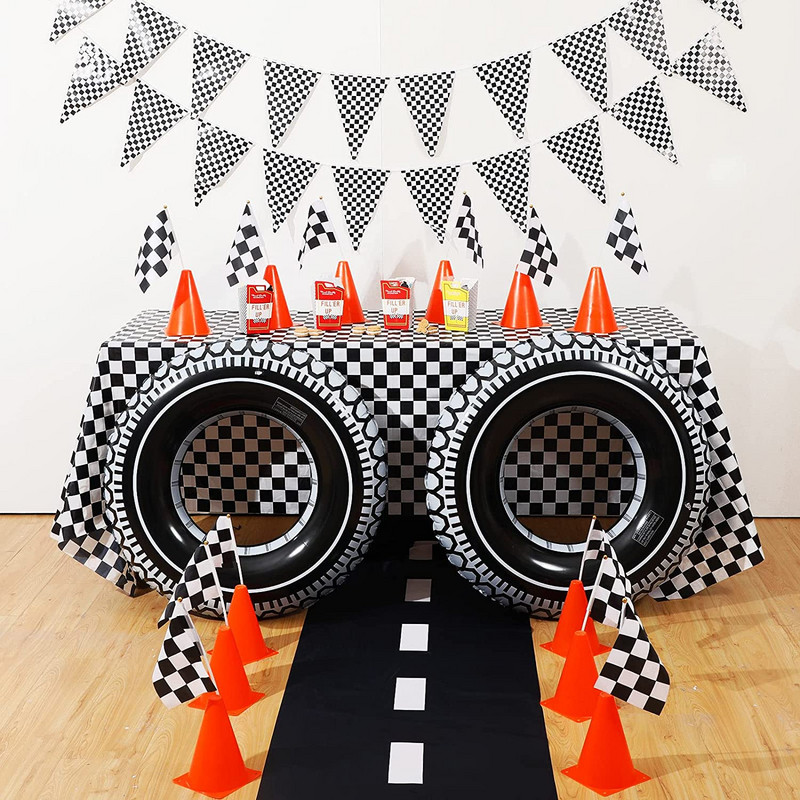 1 komplekts ar 137x274cm melnbaltu sacīkšu galdautu motociklu sacīkšu auto tēmas galda seguma šķīvju kausu sacīkšu dzimšanas dienas svinībām