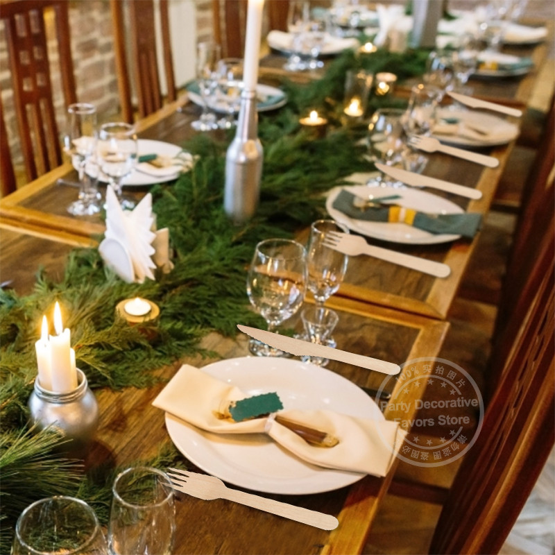 Vienreizējās lietošanas koka karotes dakšiņu nažu galda piederumu komplekts zemniecisks kāzu dzimšanas dienas svinību galda piederumu dekorēšanas piederumi deserta kūkas liekšķere