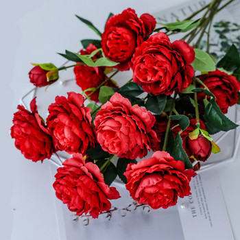 3 глави Изкуствени божури Цветя Булка Европейски копринени божури Букет Направи си сам Сватбена декорация на дома Градина Доставки Фалшиви цветя