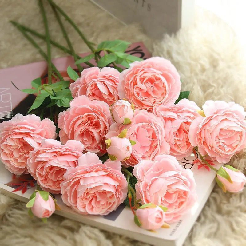 3 fej Mesterséges bazsarózsa virágok menyasszony Európai selyem pünkösdi rózsa csokor DIY esküvői otthoni kert dekorációs kellékek hamis virágok