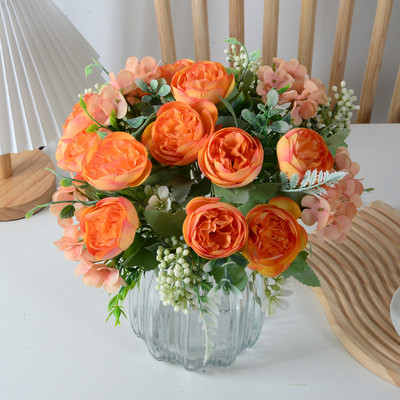 Оранжеви изкуствени цветя Роза Божур Изкуствени копринени цветя Букет Flores Домашно парти Декорация от изкуствени цветя Fake Flowe